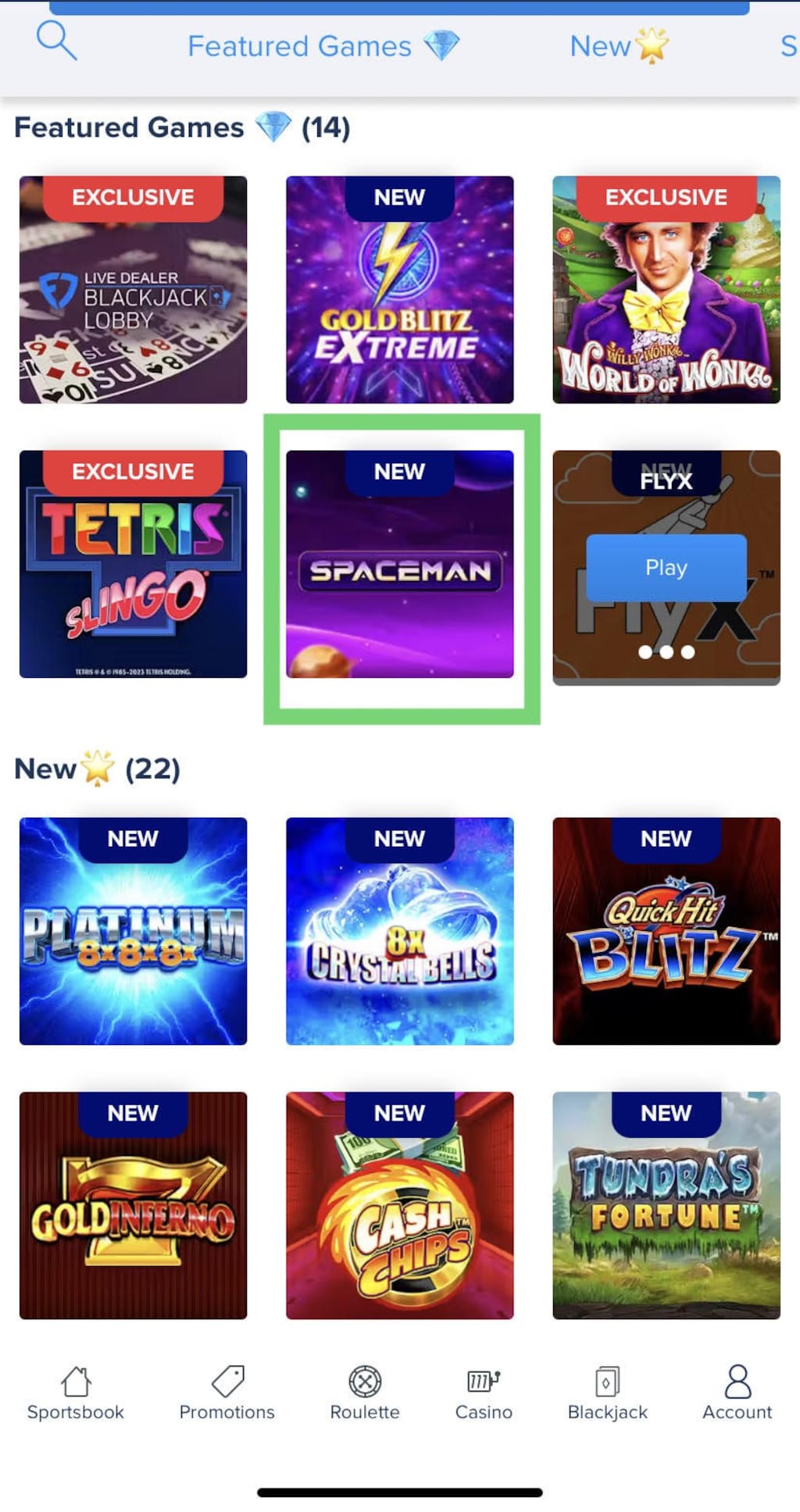 FanDuel Casino game Spaceman located under Featured Games section